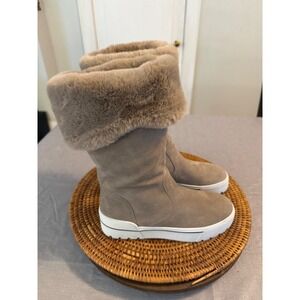 J/Slides NYC Taupe Suede Faux Fur Trim Platform Boots Womens 7